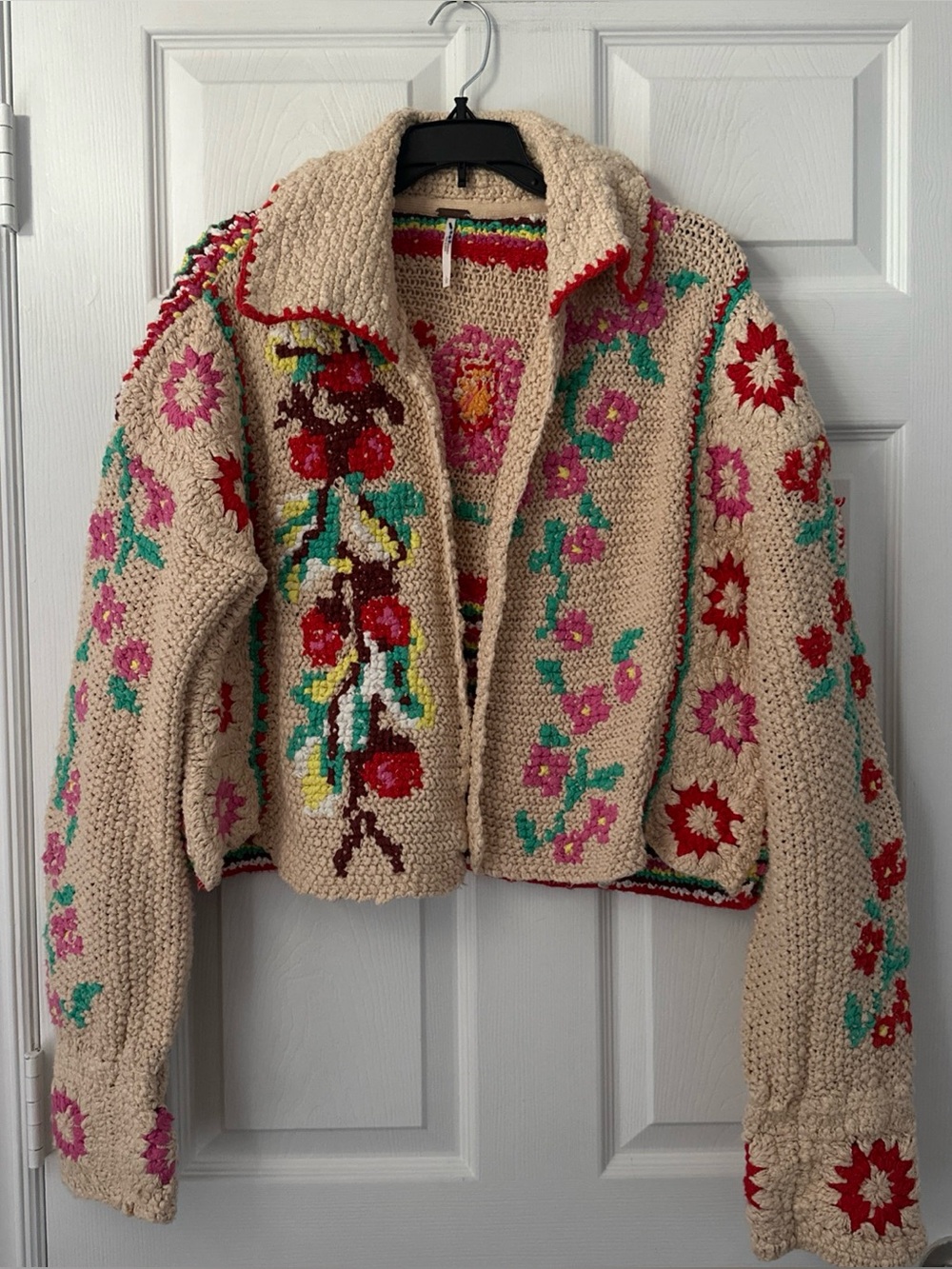 Free People Cream Crochet Floral Cardigan with Red, Pink & Teal Accents - Picture 3 of 11